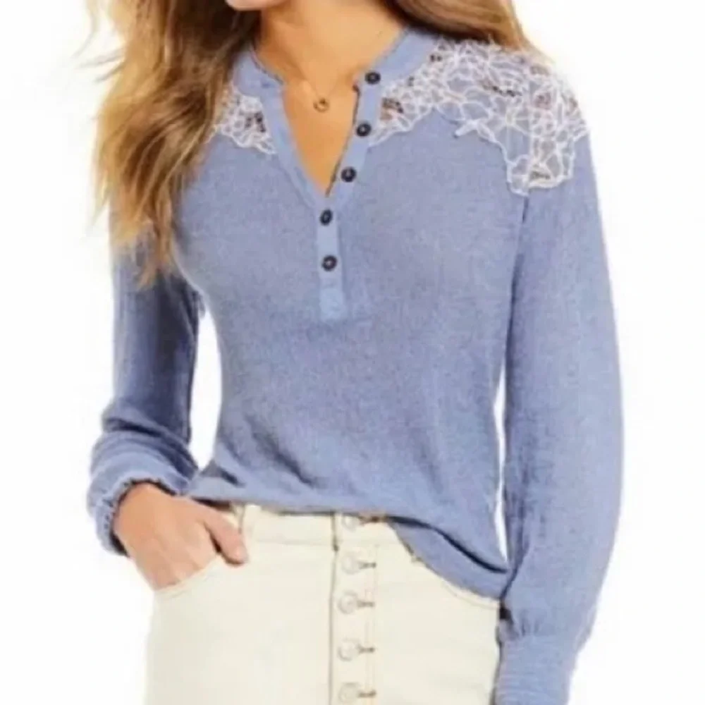 Free People Easy Breezy Lace Yoke Henley Top| Size L